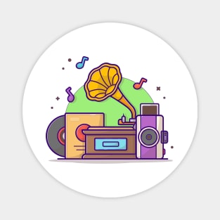 Old Music Player with Gramophone , Camera, and Vinyl Music Cartoon Vector Icon Illustration Magnet